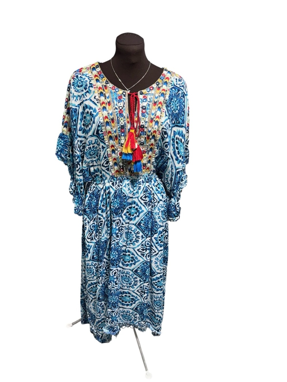 Chloe Laetitia Blue Boho Embroidered Tassel Midi Dress S/M Raw Hem Unfinished